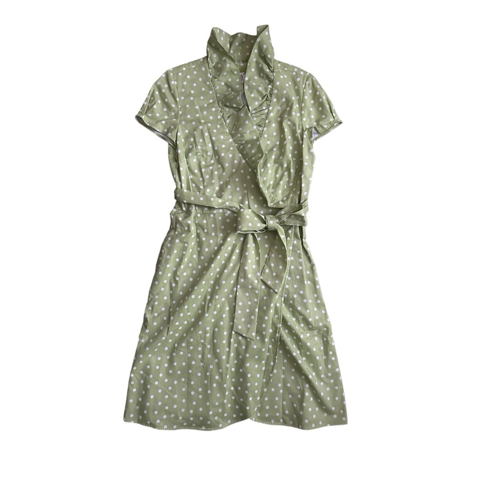 Elizabeth McKay Scotland Dress Ruffle Neckline Polka Dot Womens Size 8